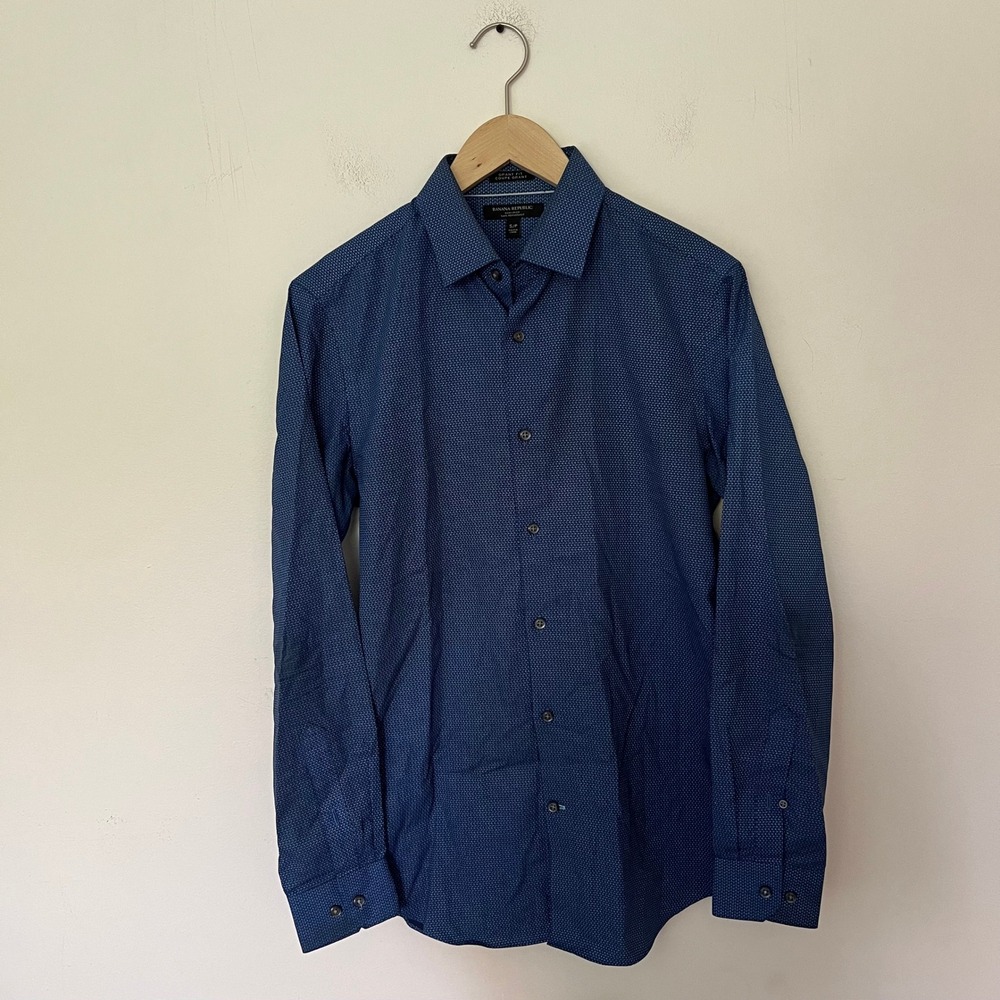 Banana Republic Grant Fit Mens Blue Geometric Micro Print Non-Iron Shirt Small